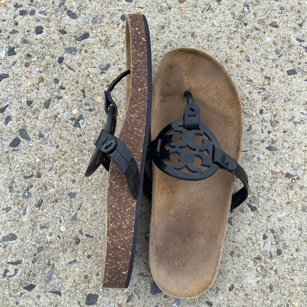 Tory Burch Miller Cloud Black Patent Leather Cork Footbed Thong Sandals Women 9M